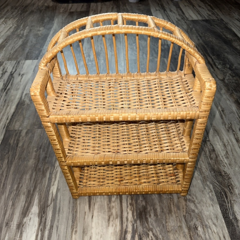 Vintage Tan Rattan Wicker Wall Free Stand 3 Shelf Shelves Cottage 18x12.5x6